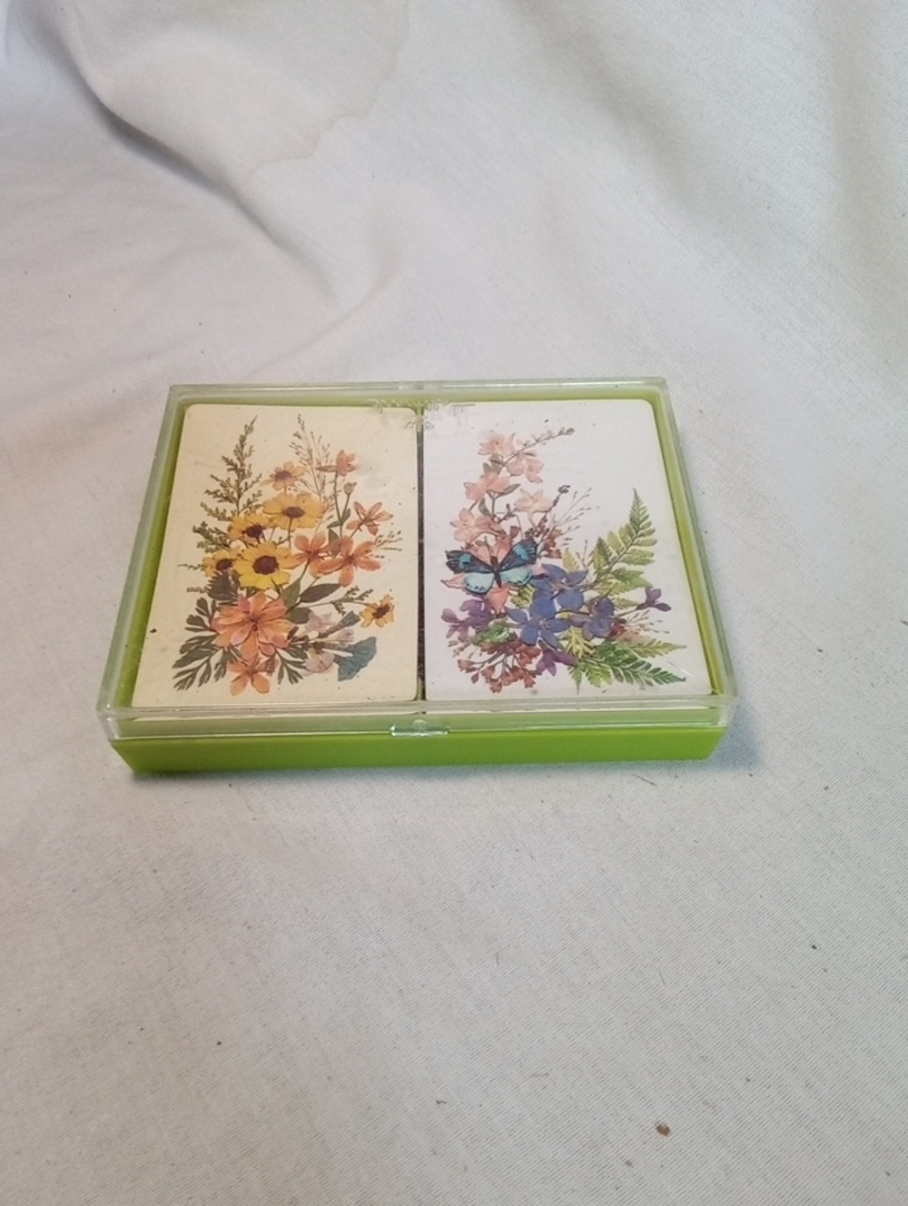Vintage "Wild Flowers" Hallmark Floral Playing Card Duo in Lime Green Case